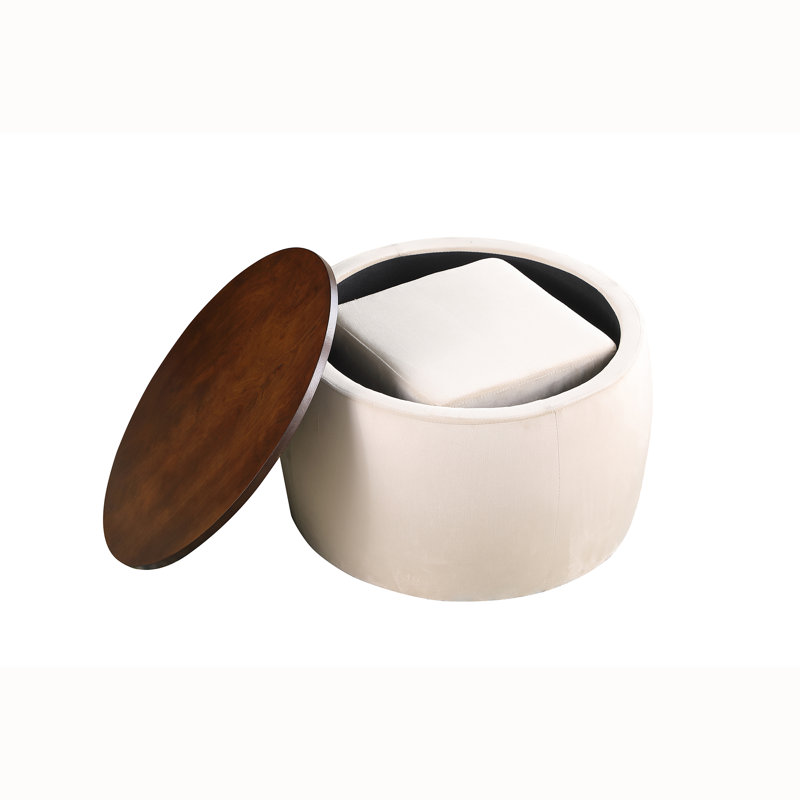 Suyeko 13.58" Wide Velvet Round Storage Ottoman, Beige Velvet