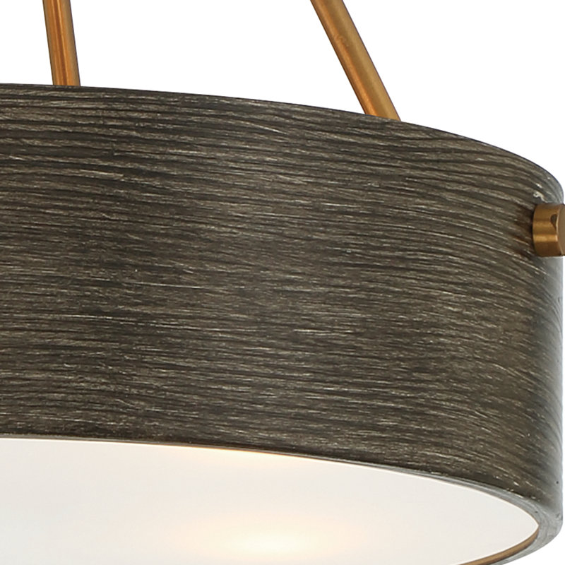 Luminaire suspendu tambour simple à 3 lumières Charvic, Vieux laiton satiné, gris