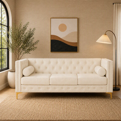 Sofa Couch with Metal Legs, 3-Seater Sofa with Button Tufted Backrest, 2 Bolster Pillows