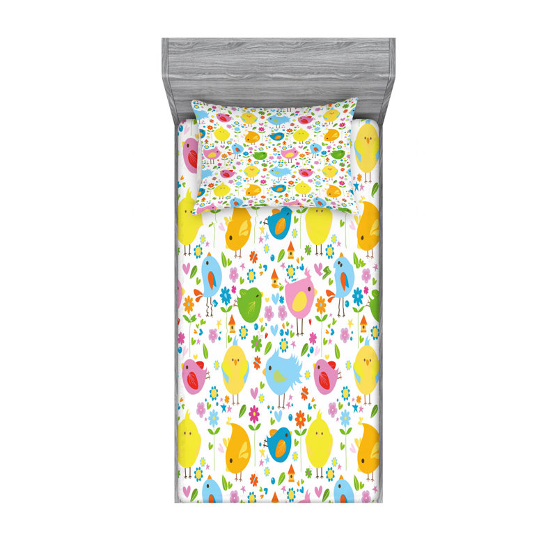 Ensemble de draps Spring Birds with Flowers, Ensemble de draps pour lit simple TG avec drap-hou