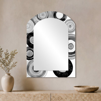 Miroir mural noir géométrique arqué - cercles radiaux en monochrome, impression métallique