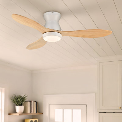 42" Flush Mount Low Profile Small Room Solid Wood Ceiling Fan with LED Light and Remote
