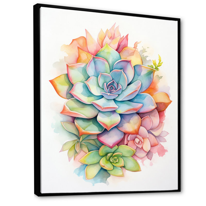 «Blossoming Succulent In Tender Retro Blue», reproduction sur toile, H 40 po x l 30 po x P 1,5 po, Cadre flottant noir