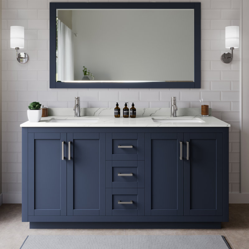 Miranda 66" Freestanding Double Bathroom Vanity with Quartz Top with 58" Mirror, Dark Blue, Giotto Quartz, Brushed Nickel