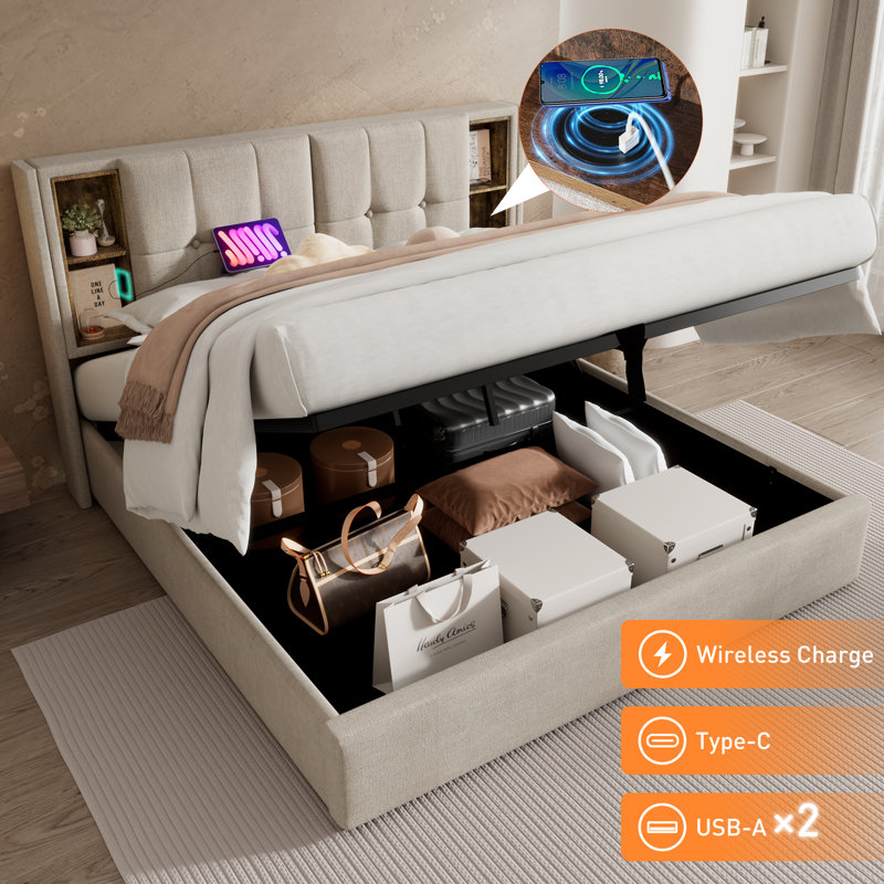 Upholstered Ottoman Storage Bed, Natural, Double (4'6)