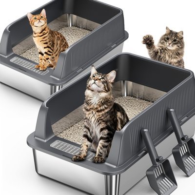 Of 2 Stainless Steel Cat Litter Boxes, High - Sided Abs To Contain Litter, Non Stick Surface For Simple Cleaning, Odor , Comes With Hook, Black And Silver, 22.81 In Depth, 14.46 Width, 10.48 Height,
