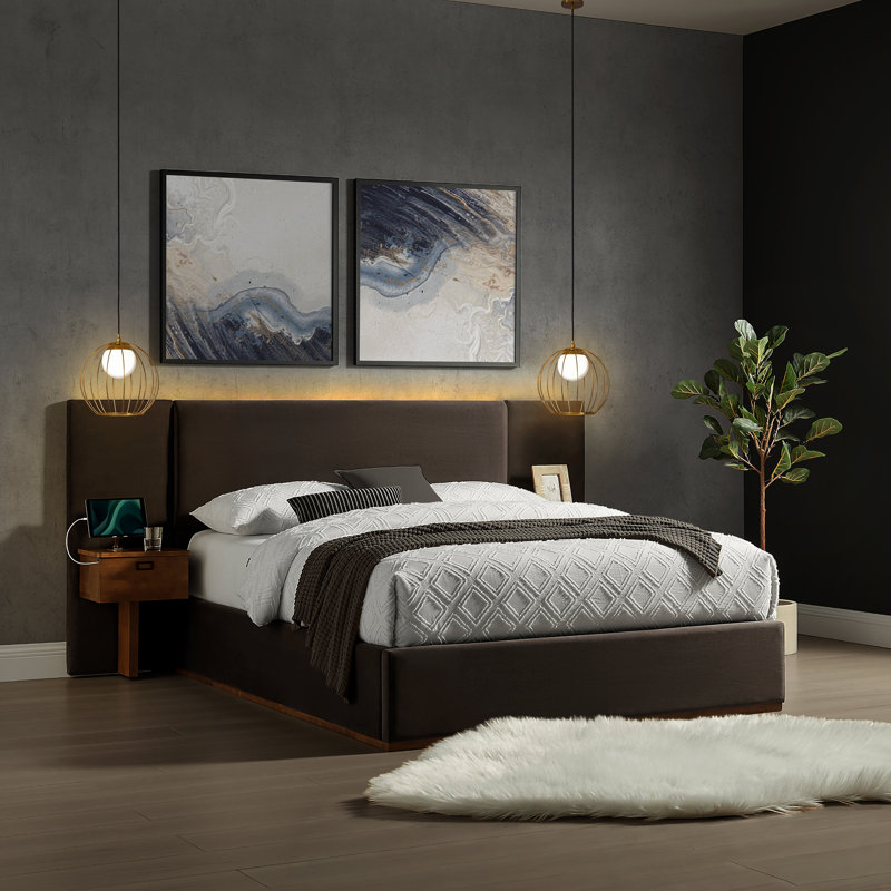 Dahlia King Size Upholstered Bed LED Headboard and USB A + C Side Tables in Velvet Fabric, Brown, Brown, King