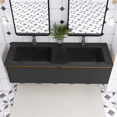 Meuble-lavabo mural 60 po en chêne avec plateau en résine intégré