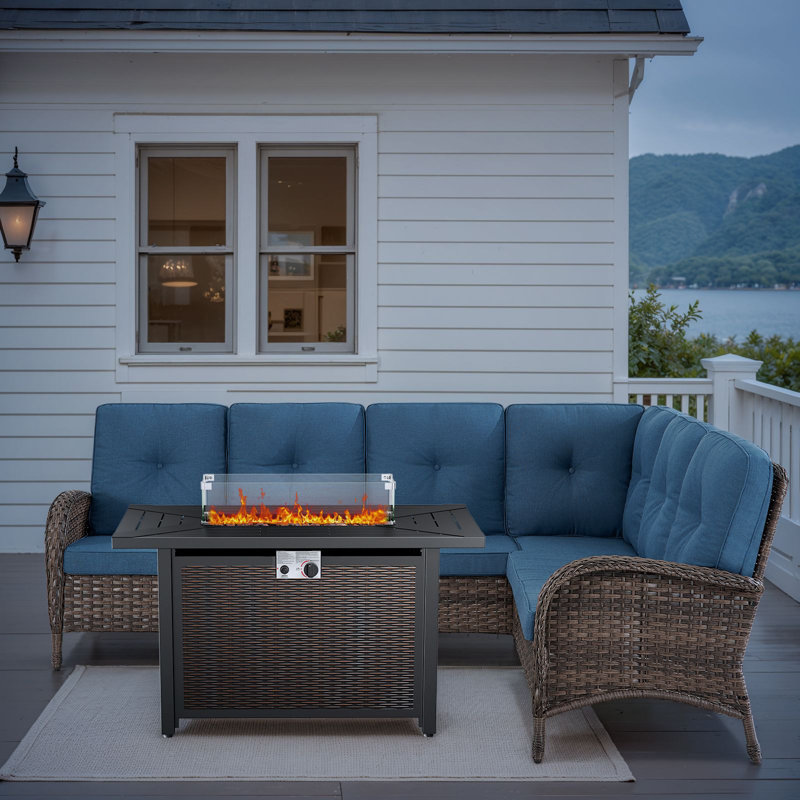 2 - Person Outdoor Seating Group With Cushions And Fireplace Table, Blue