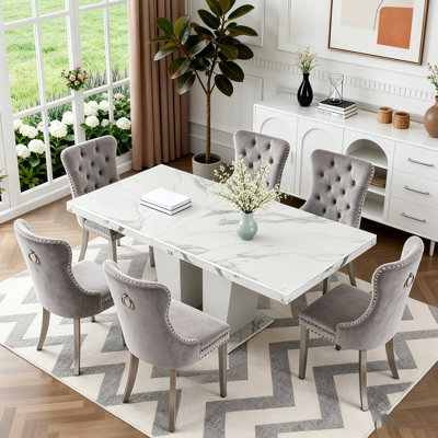 62.99" -78.74" Extendable Dining Table Set, White Dining Room Table & Velvet Dining Chairs with Stainless Leg, Rustic Kitchen Dining Table and Chairs Set, Modern Dining Table Set