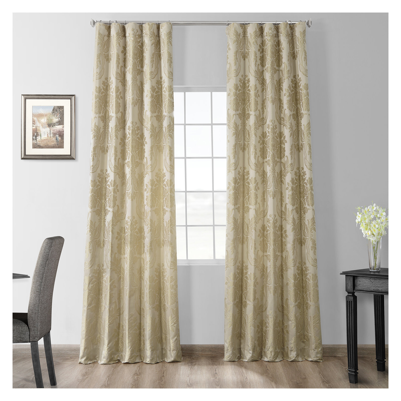 Ballsallagh Floral Faux Silk Room Darkening Curtain Panel, 50" W x 120" L, Champagne