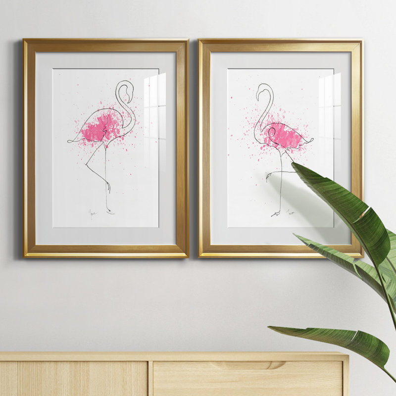Flamingo Splash I - ensemble de 2 reproductions d'art, H 18,5 po x l 49 po x P 1,5 po, Papier encadré doré, Blanc