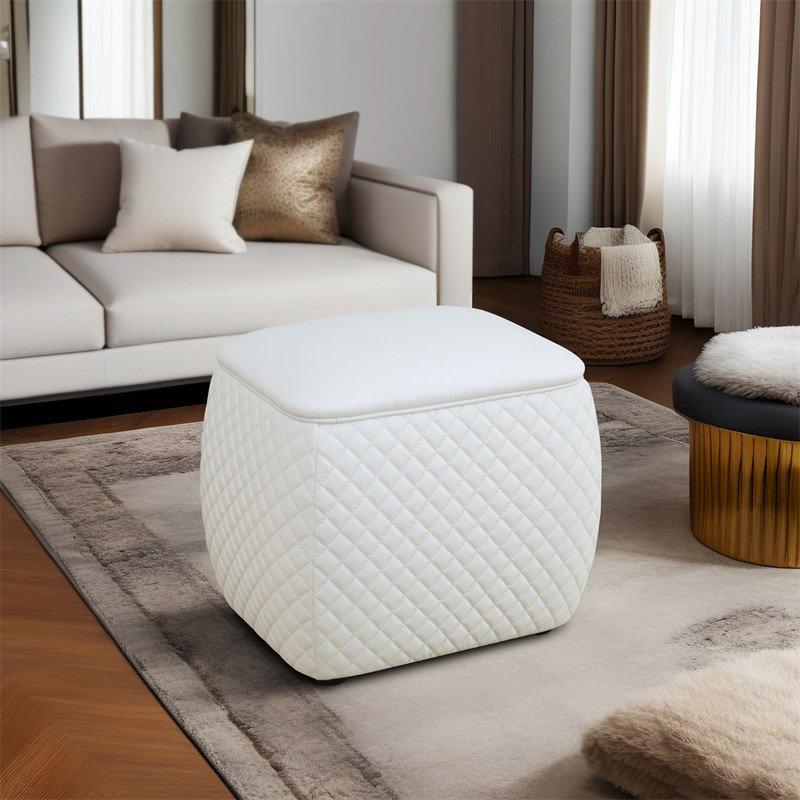 Scratch-Resistant Diamond Tufted Ottoman, 19.5x15.5x18 Inch Pet-Friendly Accent Stool,White, White