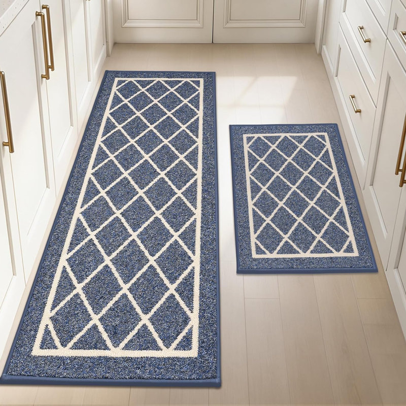 2 Pieces Non Slip Kitchen Mats for Floor,Kitchen Rugs with TPR Backing,60X89cm+60X152cm,Brown, Blue