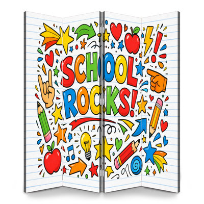 Back to School 4 Panels Folding Screen Room Divider Royal Colorful School Rocks Stars Apples Pencils Canvas Screen Room Separator Freestanding Protective Wall Divider Privacy Partition