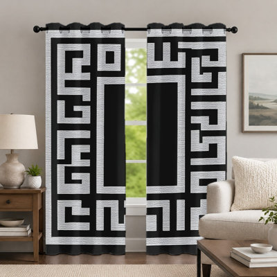 2Pcs Black and White Geometric Pattern Curtains, Minimalist Style Curtain, Modern Contrast Color Greek Key Print Art Grommet Drapes, Window Treatment for Bedroom Living Room Decor