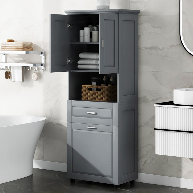 Tall Bathroom Cabinet With Laundry Basket, Gray