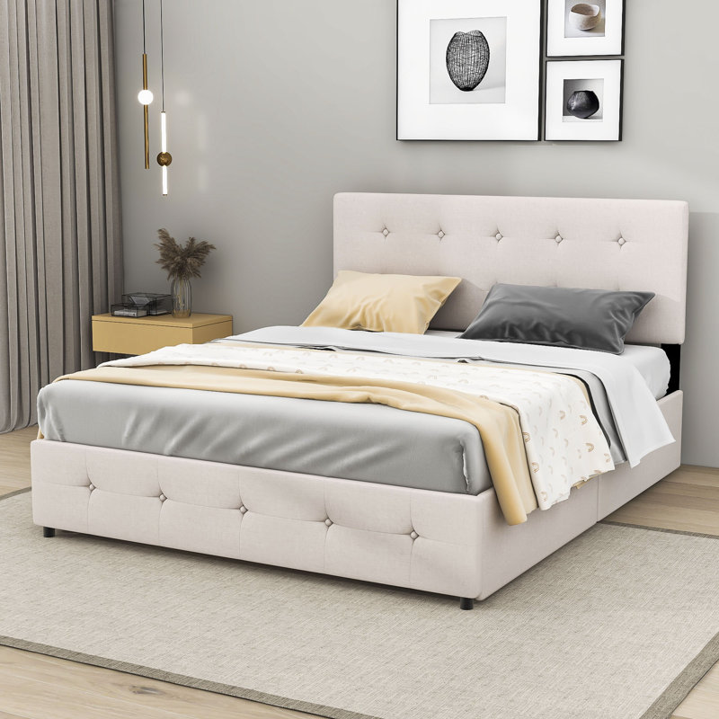 Grand lit plateforme tapissier avec rangement Daryll, Beige