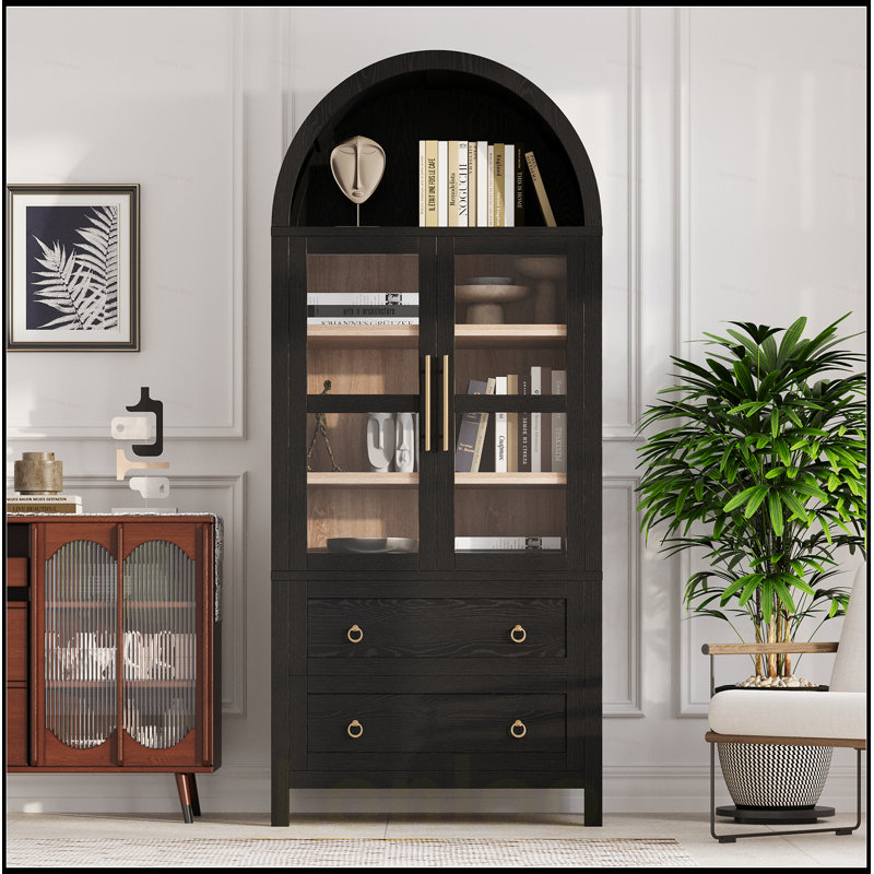 Tall Arched Kitchen Pantry Cabinet with 2 Large Drawers, Modern Farmhouse Style with Adjustable Shelves and Glass Doors for Versatile Storage