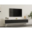 Meuble télé moderne avec porte en bois massif, anthracite et blanc, 63,0 x 13,8 x 13,0 pouces | 100% panneau de particules enduit de mélamine, épaisseur: 0,7 pouce | Plusieurs tablettes et rangements, conception géométrique élégante pour le salon