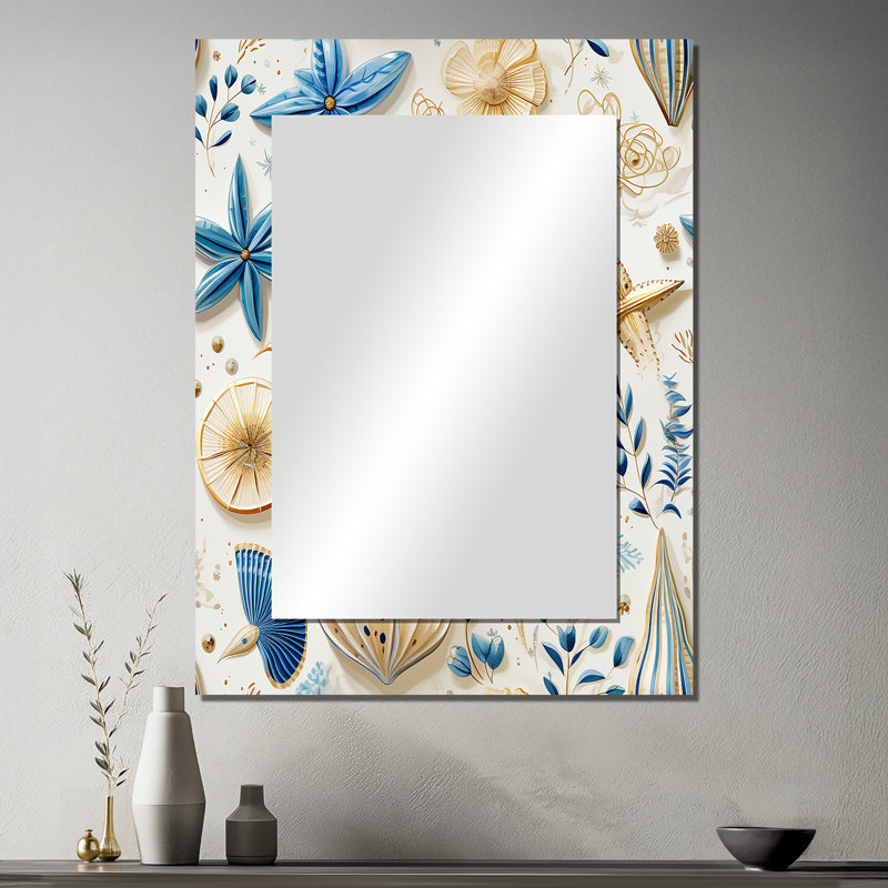 Antojuan Blue And White Coastal Retreat Seashells - Floral Large Wall Mirror, Cottage Unique Mirror, Printed Metal Art
