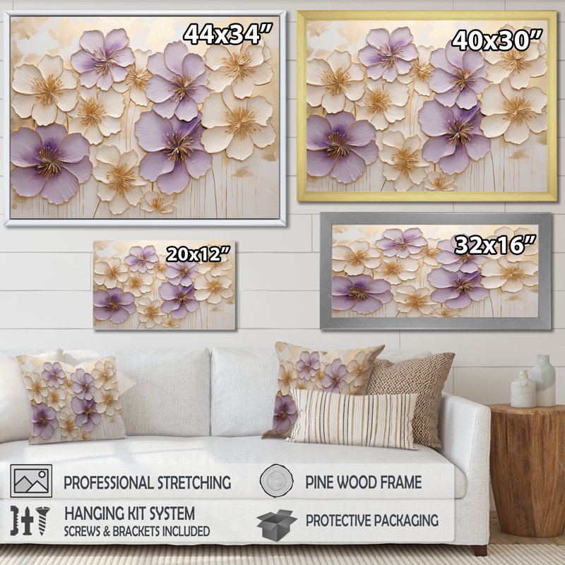 Mauve et or sur fond orné de violettes, "Violettes Meadow II", 34" H x 44" W, Cadre naturel flottant