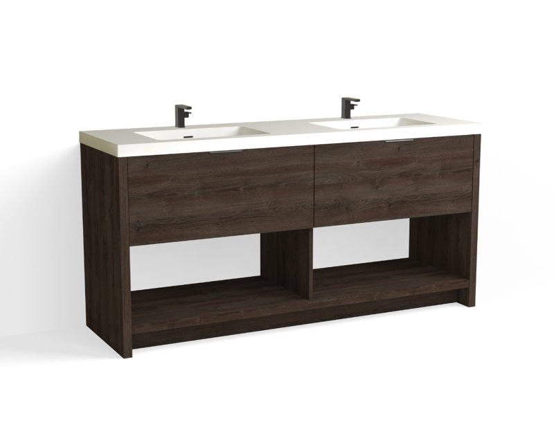 Vista 72" W Freestanding Double Bathroom Vanity, Nocino/Satin Brass, Single-Hole, White Matte