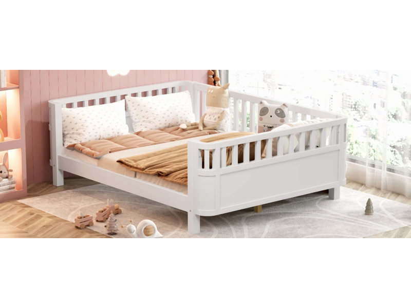 Lit plateforme en bois pour enfants, lit simple en bois à profil bas avec rails pour filles et garçons, Lit double, Blanc
