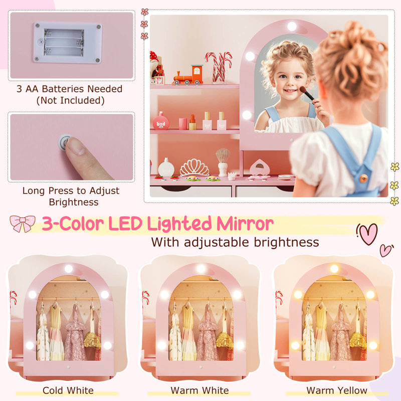Ensemble de coiffeuse pour enfants avec 3 modes d'éclairage, luminosité réglable, armoire de toilette rose, Gris/rose/blanc