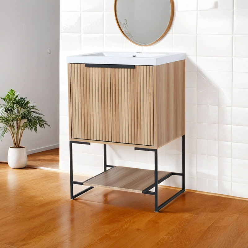 Meuble-lavabo autoportant de 24 po avec lavabo en résine et grand espace de rangement, Chêne / noir