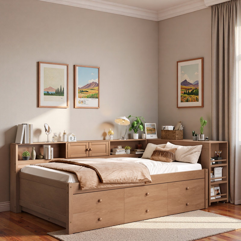 Wood Daybed With Storage Drawers, Side Shelves, Desk And Trundle, Twin, Vintage Brown