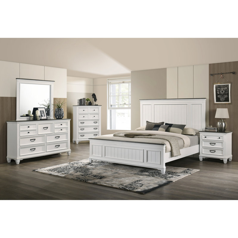 Ensemble de chambre à coucher en bois 5 pièces avec panneau Shiplap, commode, miroir, table de chevet et commode Clelane