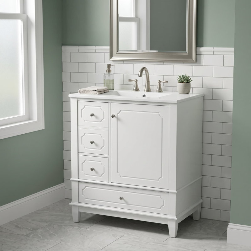 Meuble-lavabo de salle de bain de 76 cm avec lavabo, meuble-lavabo autoportant blanc avec lavabo en céramique, White