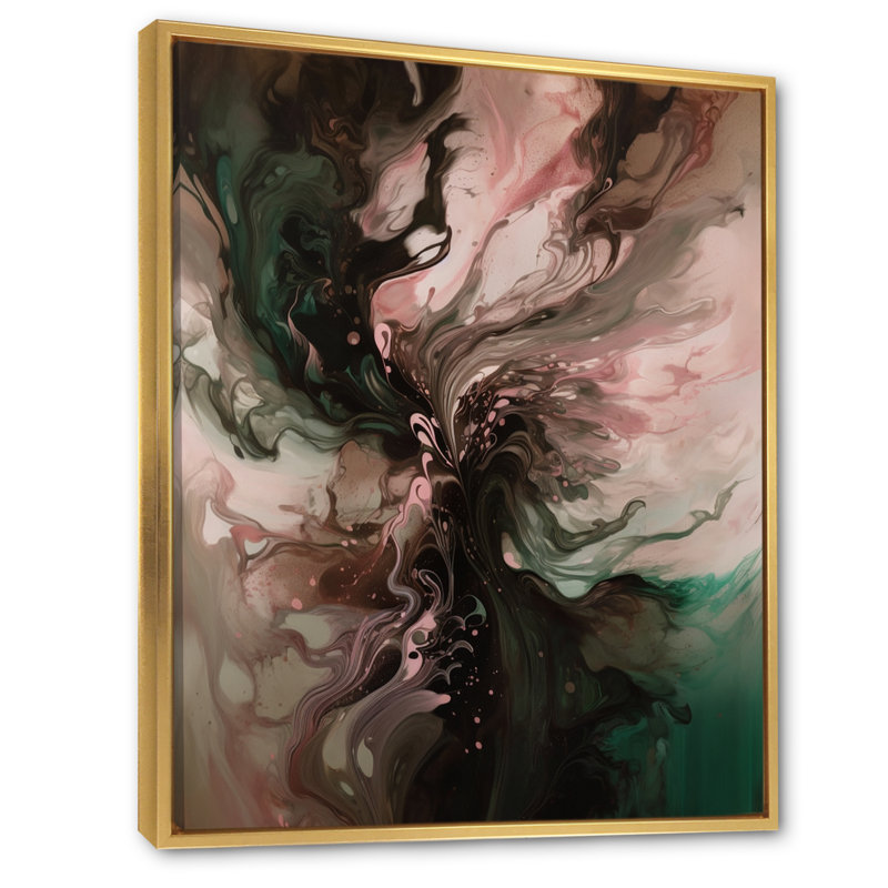 Rose et vert, monde intérieur de marbre II - art mural abstrait géométrique, H 32 po x l 16 po x P 1 po, Cadre flottant doré