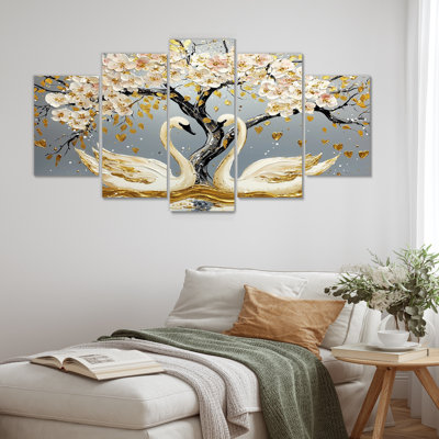 Cygnes gris et or Love Under Cherry Blossom II - Ensemble de décoration murale cerisier en fleurs
