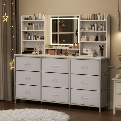 Commode 9 tiroirs pour chambre à coucher avec miroir lumineux et 8 tablettes de rangement