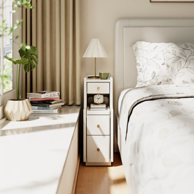 Soild Wooden Nightstand with Raised-Edge Top, Sliding Shelf, Cable Hole & Skirting Board Space