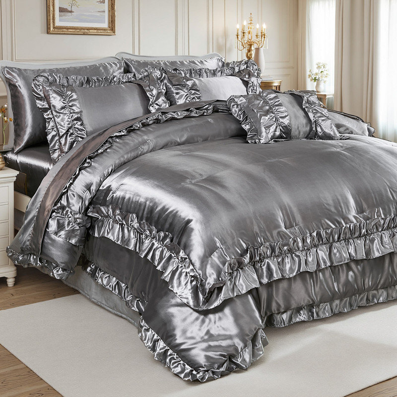 Gray Silky Comforter Set Queen Size 8 Pieces Satin Bed in a Bag Farmhouse Ruffled Comforter Set Luxury Silk Like Satin Comforter Bedding Sets