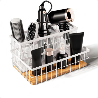 Organisateur de comptoir pour outils de coiffure, en métal respirant et bambou, résistant à la chaleur, paniers amovibles, fer à lisser résistant à la chaleur, base en bambou