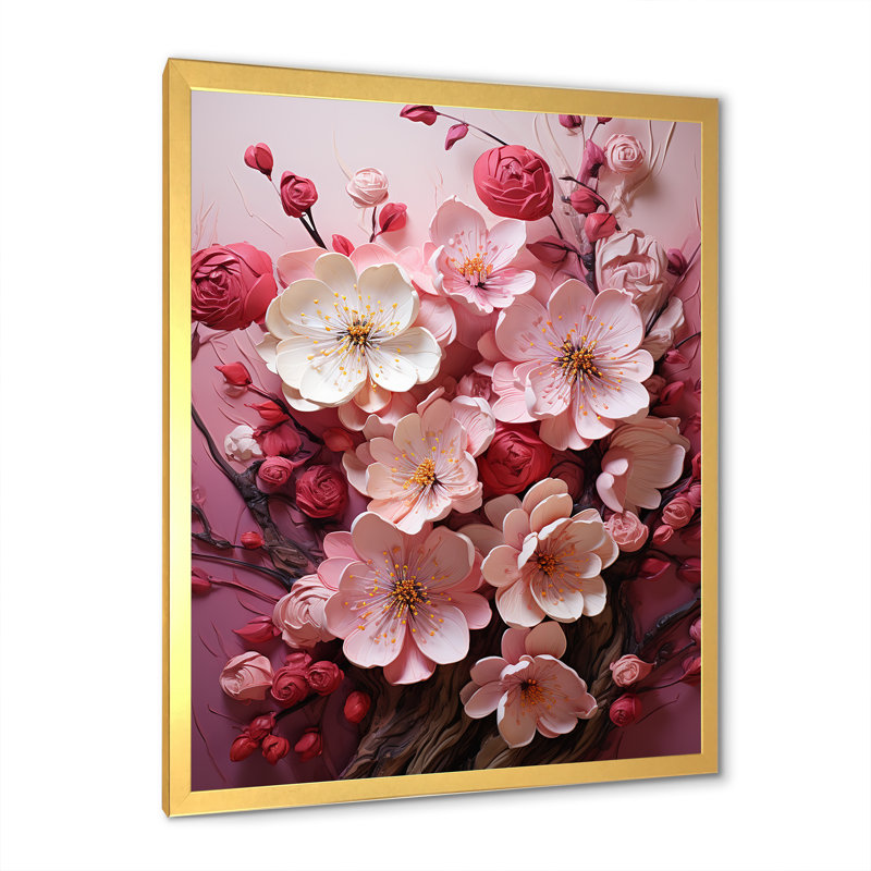 «Pink Orchard Tree Ballet Of Cherry Blossoms II», art mural cerisier, H 32 po x l 24 po x P 1 po, Cadre doré simple