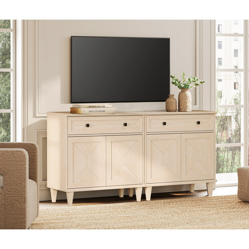 Meuble télé 63 po avec armoire fait à la main avec patchwork, pouvant accueillir un téléviseur de 70 po ou moins, beige