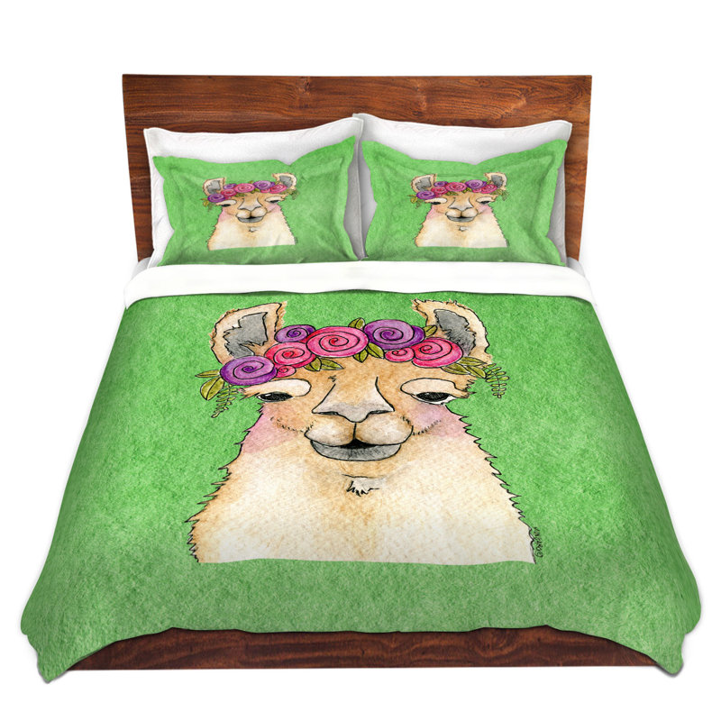 Ensemble de housse de couette guirlande llama, 1 housse simple + 1 taie standard, Vert foncé / Crème / Rouge