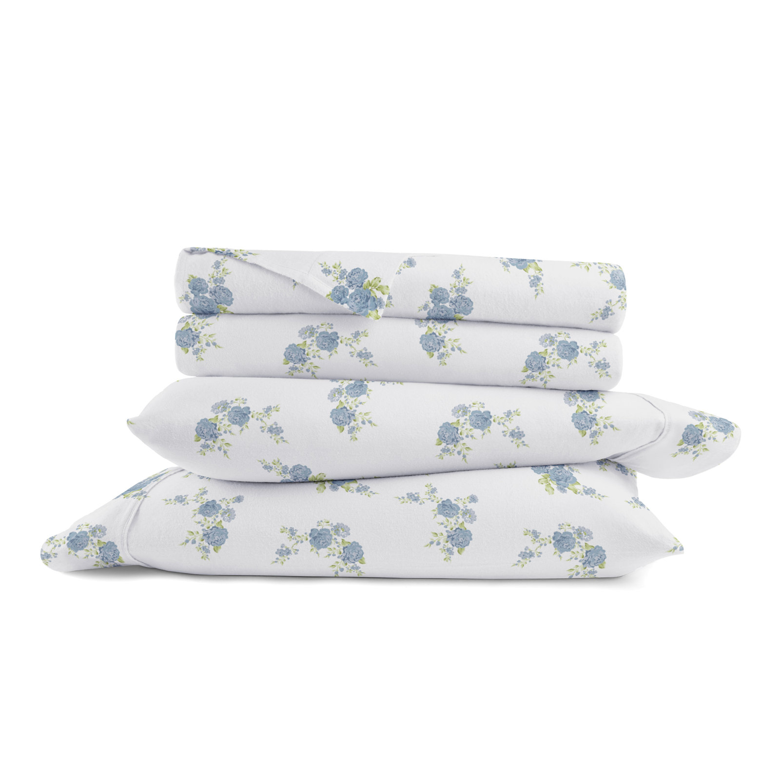 Cotton Flannel Sheet Set, Light Blue/Roses, California King Sheet Set