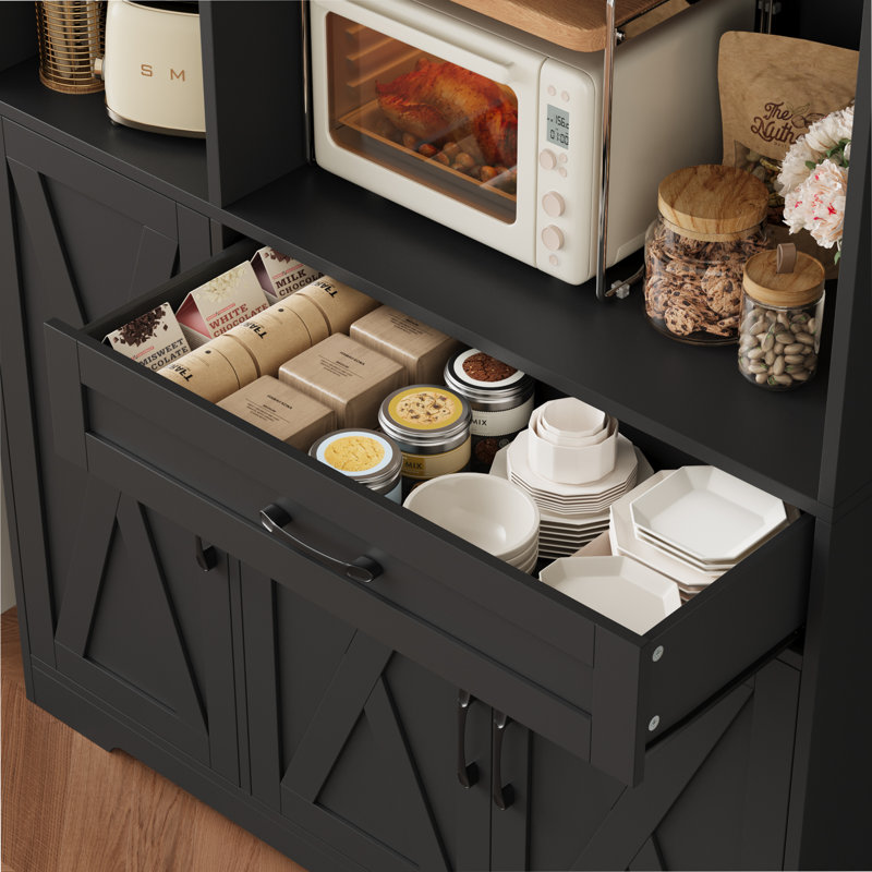 Garde-manger de style campagnard H 70,9 po Anitrea avec tablette à micro-ondes, armoire de rangement en bois avec tablette réglable et tiroir central, noir