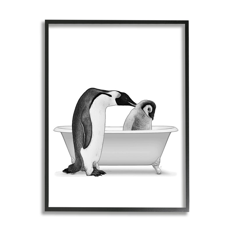 Pingouin et poussin, baignoire encadrée sur bois par Annalisa Latella, impression, Giclée encadrée noir minuit