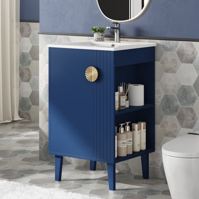Ensemble de meuble-lavabo de style moderne français avec lavabo en céramique, ensemble de meuble-lavabo simple autoportant avec porte à fermeture douce, poignées en demi-lune chic