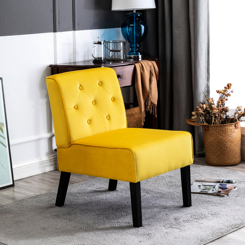 Fauteuil d'appoint jaune de 135 cm (53 po) sans accoudoirs, en velours à boutons, avec coussin en mousse souple, idéal pour les petits espaces, les magasins, les salons et les pièces à forte densité.