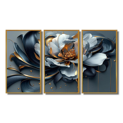Fleur de pivoine bleue et grise - ensemble d'art mural pivoine