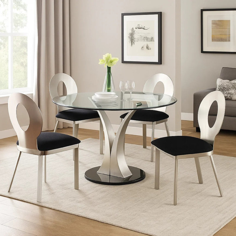 Ensemble de salle à manger 5 pièces Valie, table ronde en verre, 4 chaises modernes, noir argenté