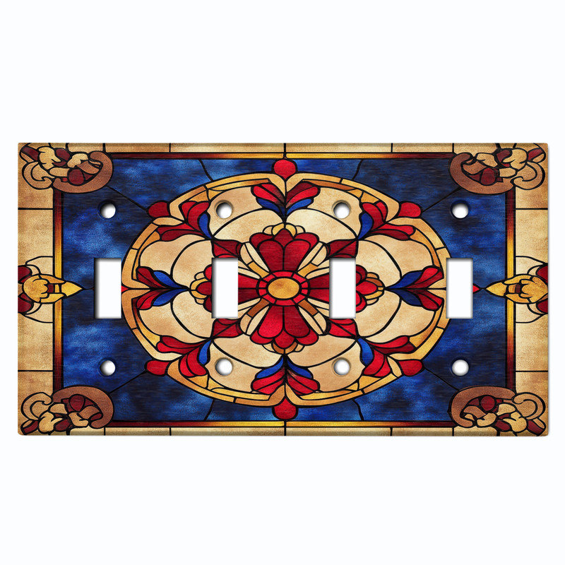 Plaque de protection pour interrupteur en métal ; interrupteur à bascule 4 voies, taille standard américaine ; motif imprimé de médaillon floral en vitrail